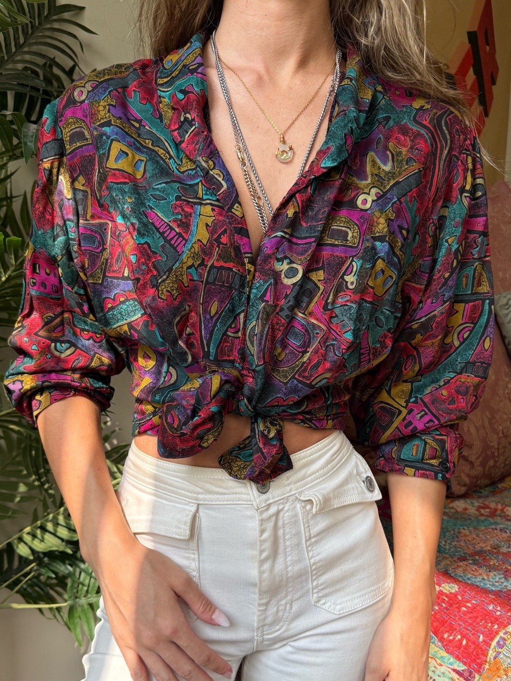 Vintage Multicolor Abstract Button-Up Cropper Blouse